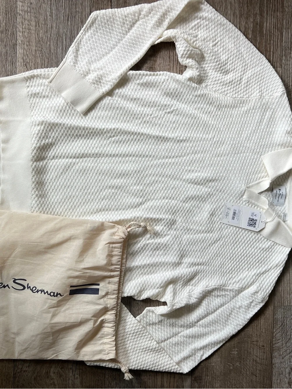 Ben Sherman Relaxed Fit Long Sleeve Textured Open Neck Knitted Polo in Ivory